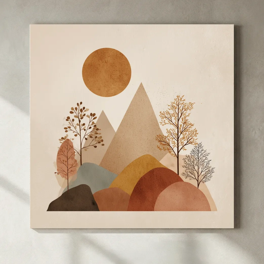 Minimalist Scandi Mountain Sunset Landscape - Boho Neutral Earth Tone Wall Art