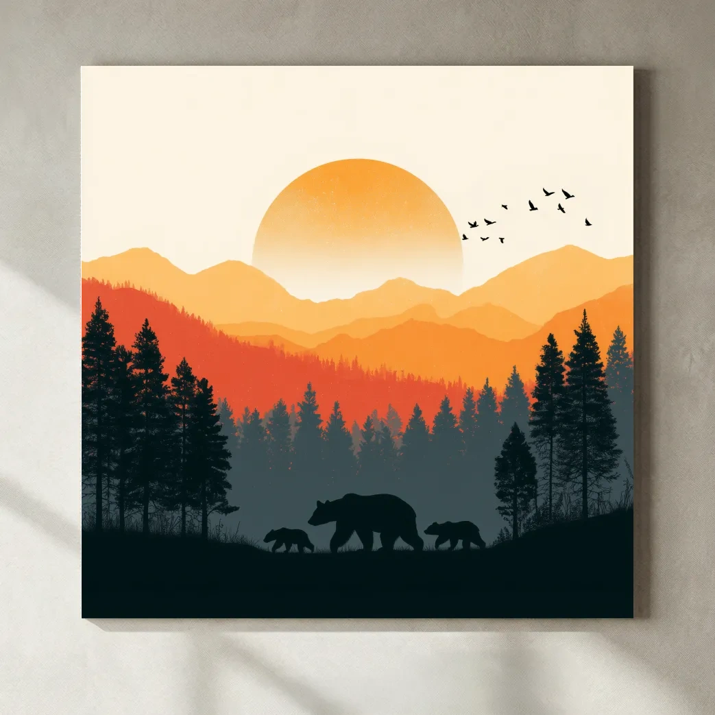 Sunset Mama Bear & Cubs Silhouette - Wildlife Forest Landscape Wall Art