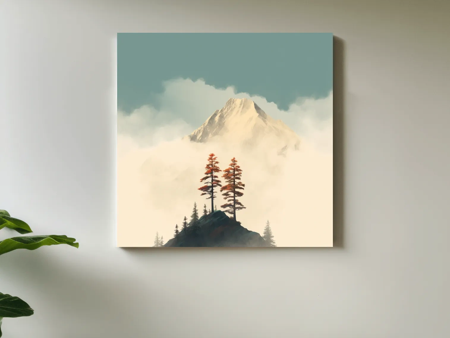 Misty Alpine Peak With Autumn Pines - Minimalist Mountain Artwork