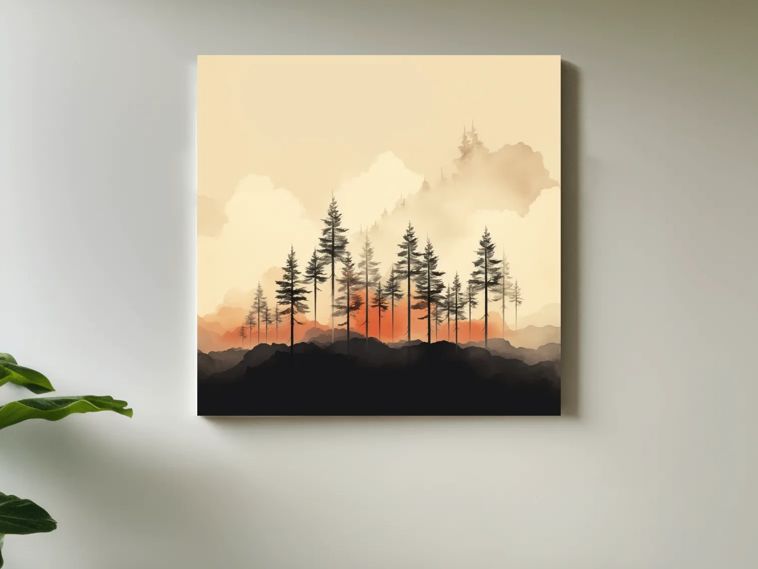 Misty Pine Forest Silhouettes At Sunrise - Minimalist Watercolor Mountain Wall Art