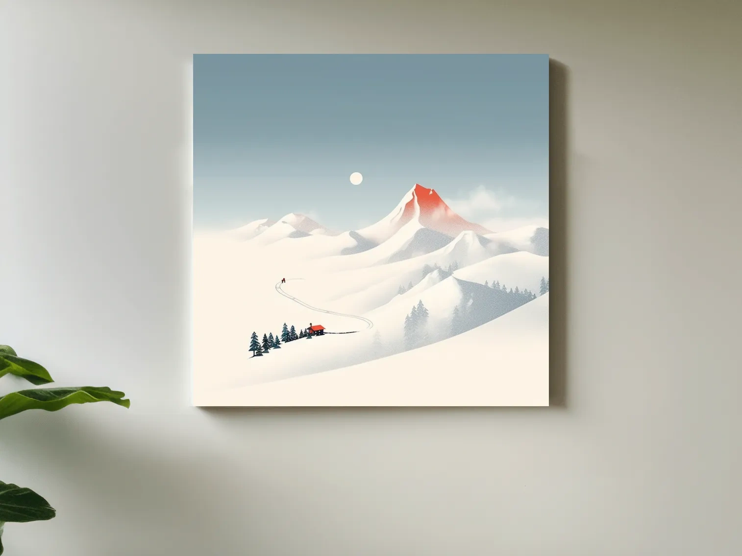 Minimalist Snowy Mountain Cabin Landscape - Nordic Winter Wall Art