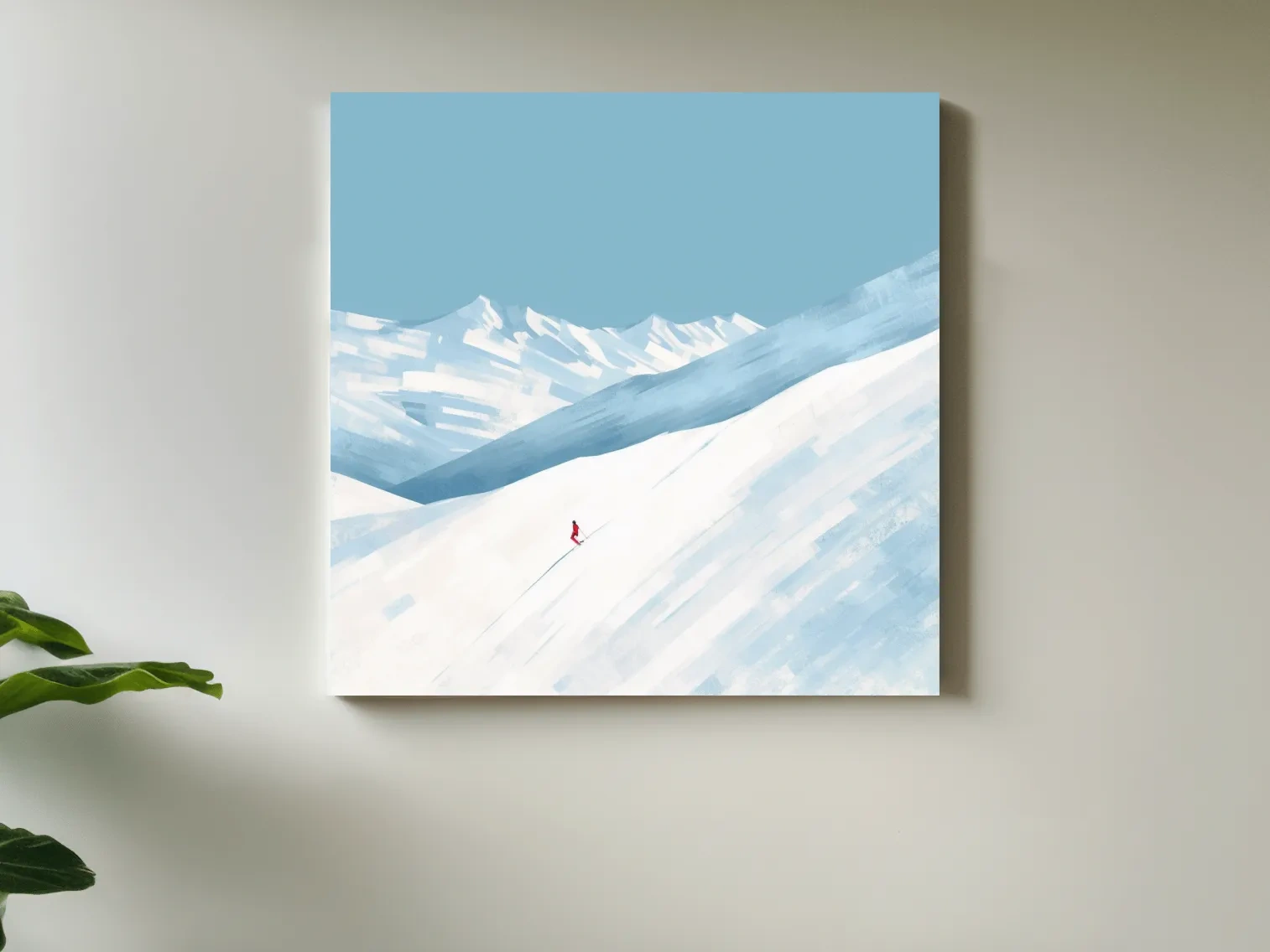 Minimalist Snowy Mountain Skier Painting - Alpine Winter Wall Art