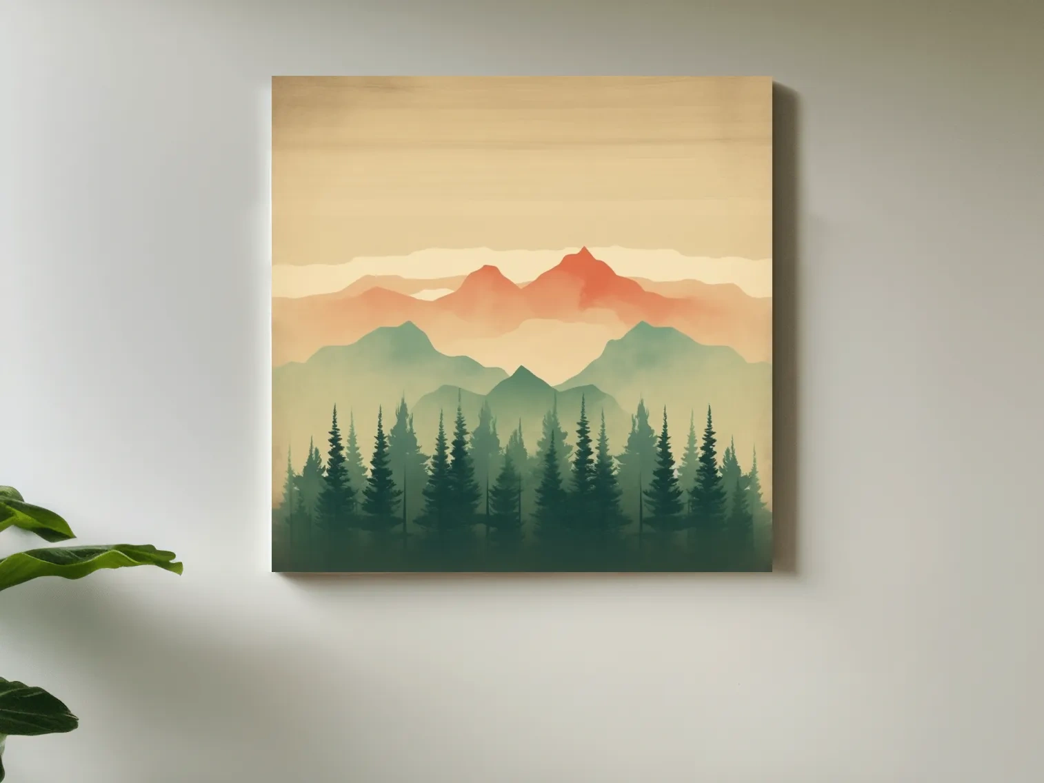 Misty Watercolor Mountain Range Sunrise - Pine Forest Landscape Artwork