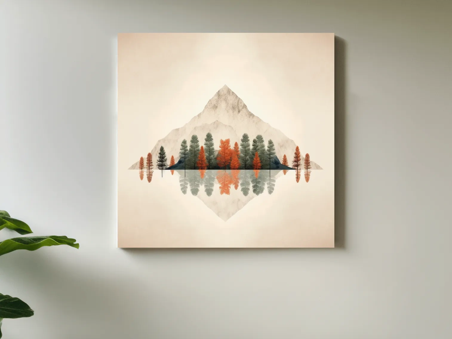 Minimalist Minimal Mountain Lake Reflection Painting - Autumn Pine Forest Artwork