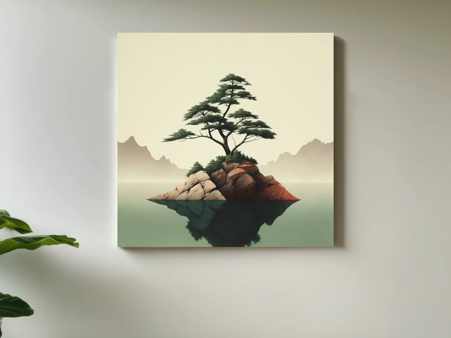 Minimalist Bonsai Pine On Rocky Islet - Japanese Zen Landscape Wall Art