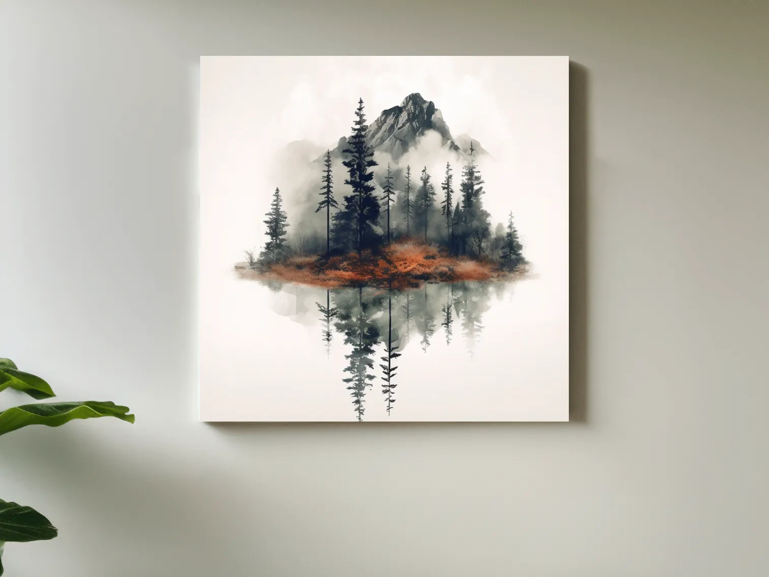 Minimalist Mountain Lake Reflection Watercolor - Moody Pine Forest Landscape Wall Art