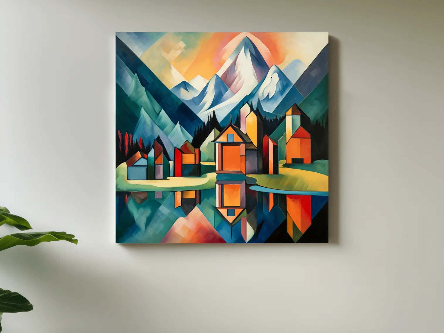 Colorful Geometric Alpine Village Lake Painting - Modern Abstract Mountain Wall Art