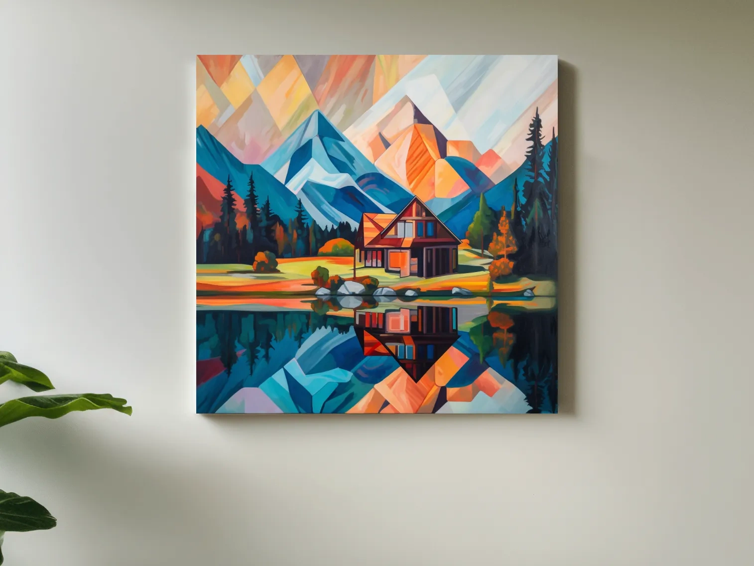 Vibrant Geometric Mountain Cabin Lake Reflection - Abstract Sunrise Wall Art