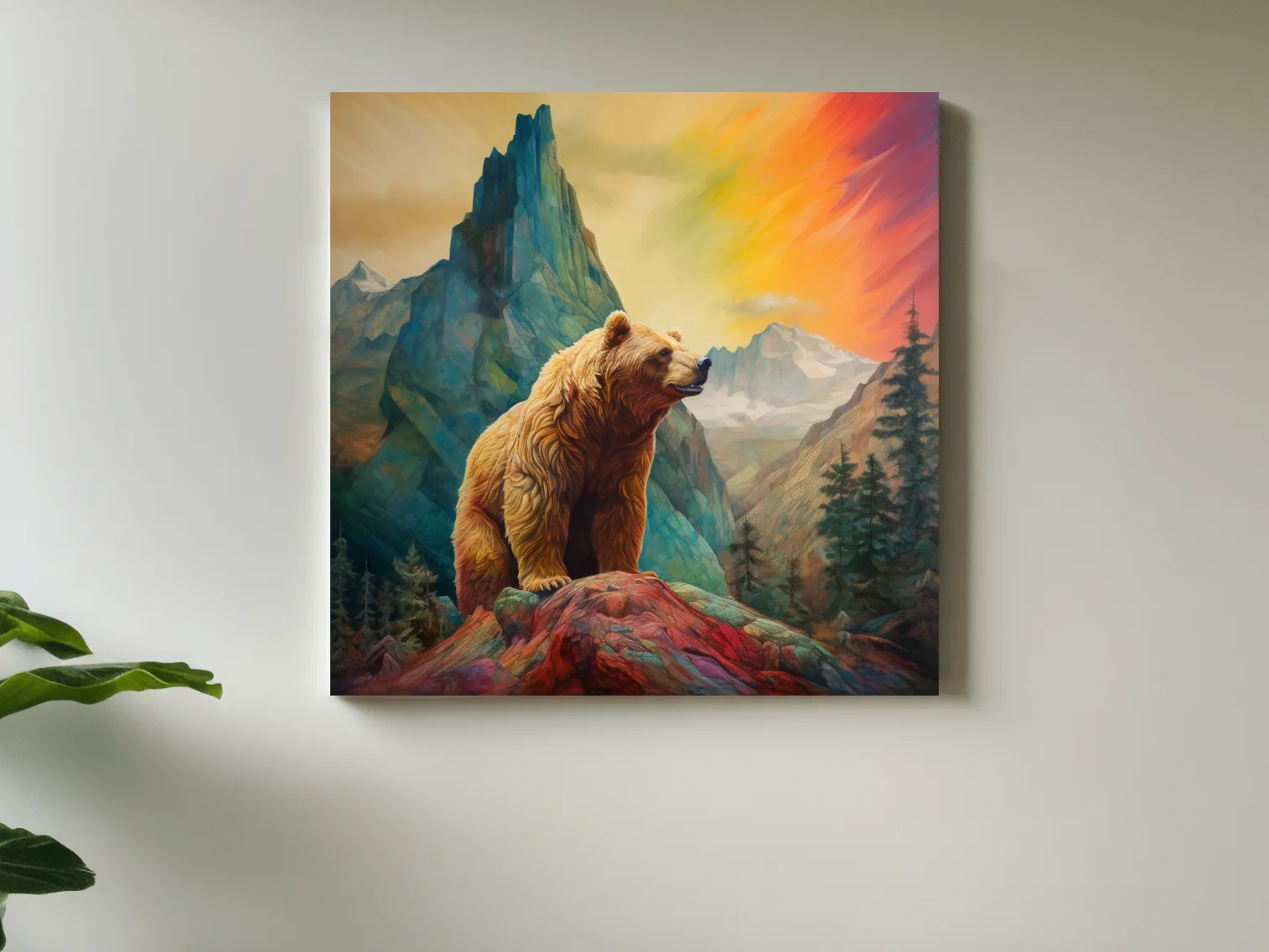 Majestic Grizzly Bear Mountain Landscape - Vibrant Painting Style Wildlife Wall Art