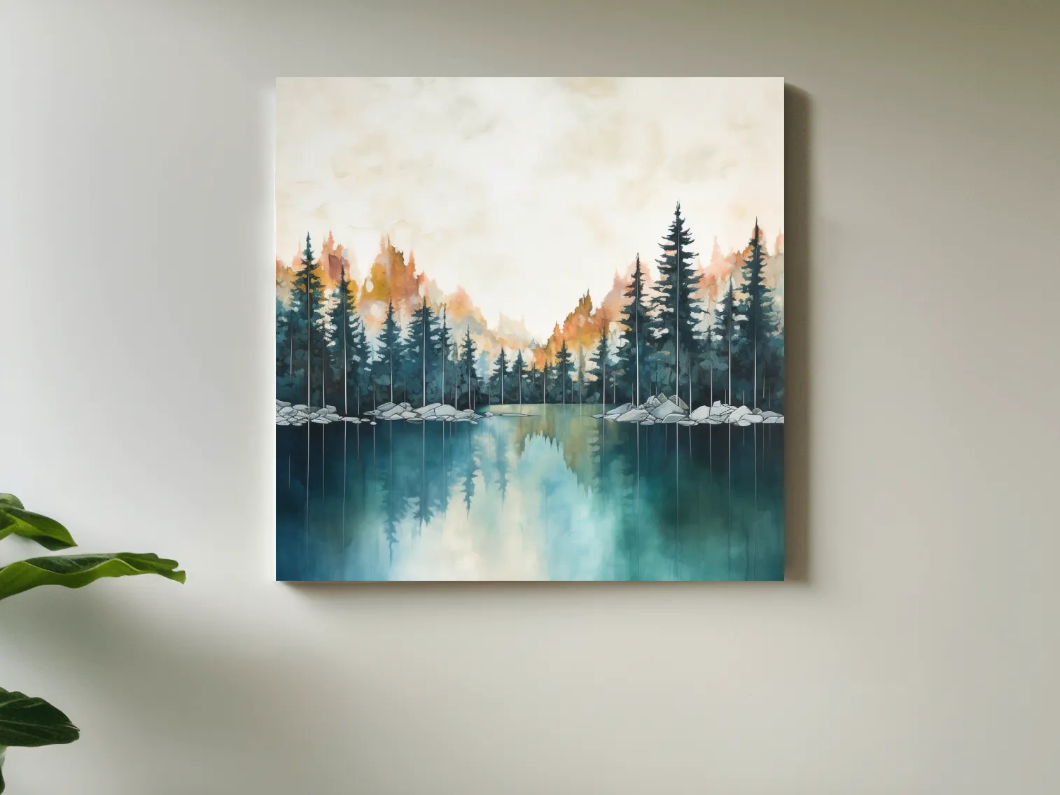 Misty Forest Lake Watercolor Painting - Serene Landscape Wall Art