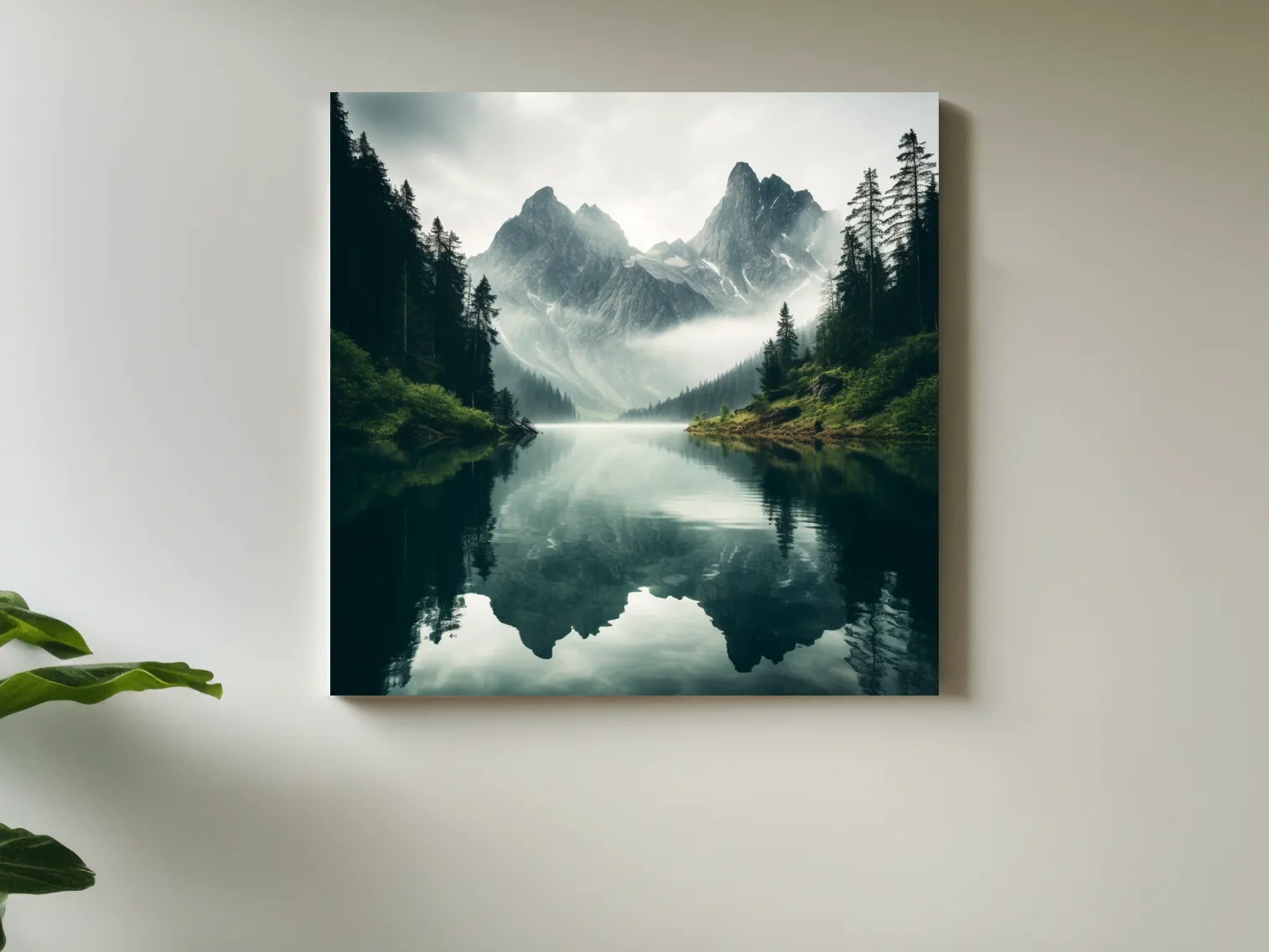 Misty Alpine Mountain Lake Reflection - Moody Pine Forest Photographic Wall Art
