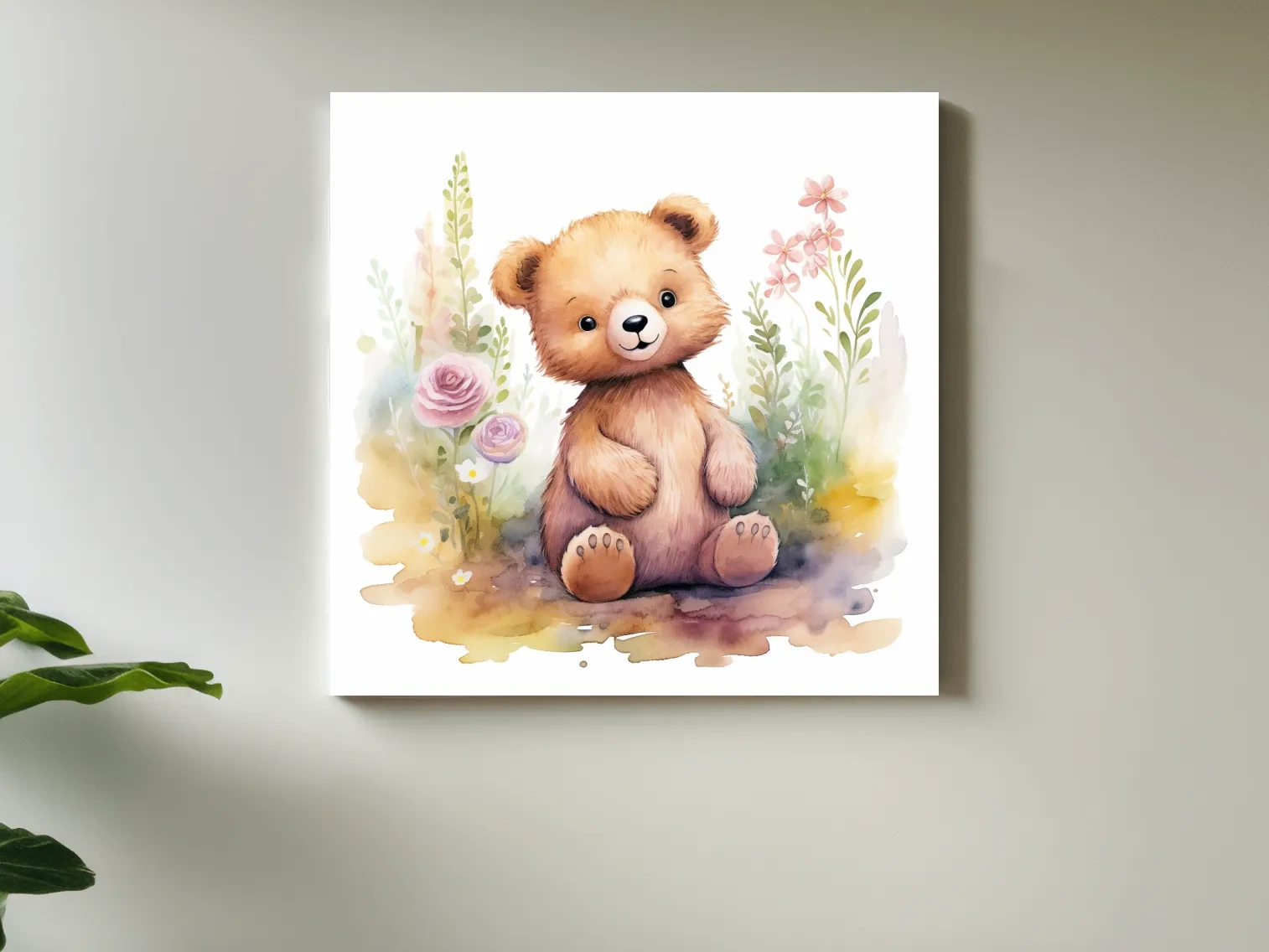 Cute Watercolor Teddy Bear With Pastel Flowers - Nursery Animal Wall Art
