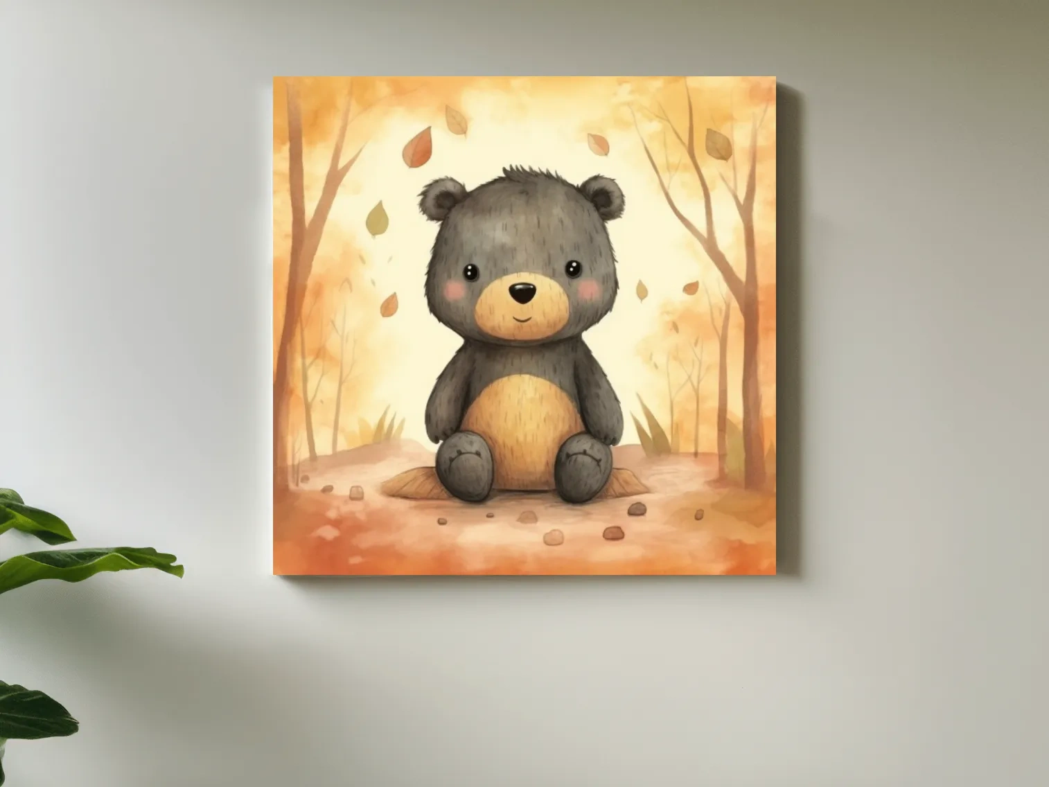 Cute Watercolor Teddy Bear Forest Illustration - Whimsical Nursery Wall Art