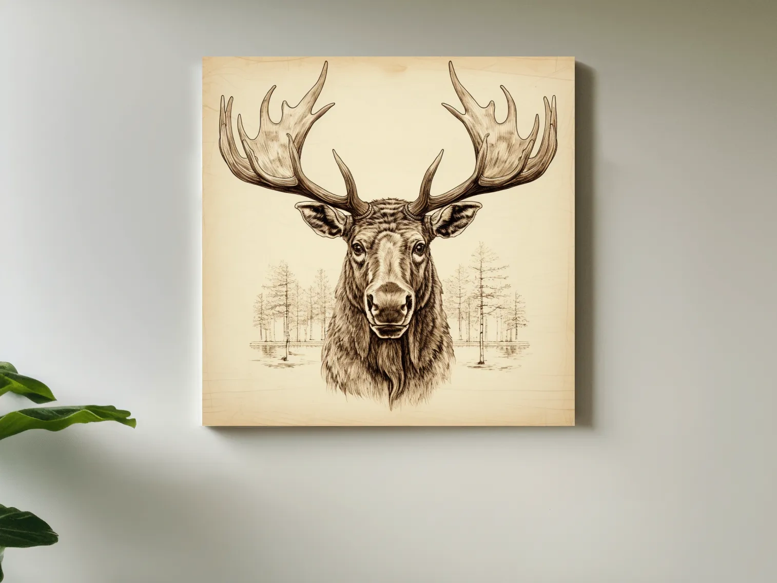 Rustic Sepia Moose Head Sketch - Vintage Woodland Wildlife Wall Art
