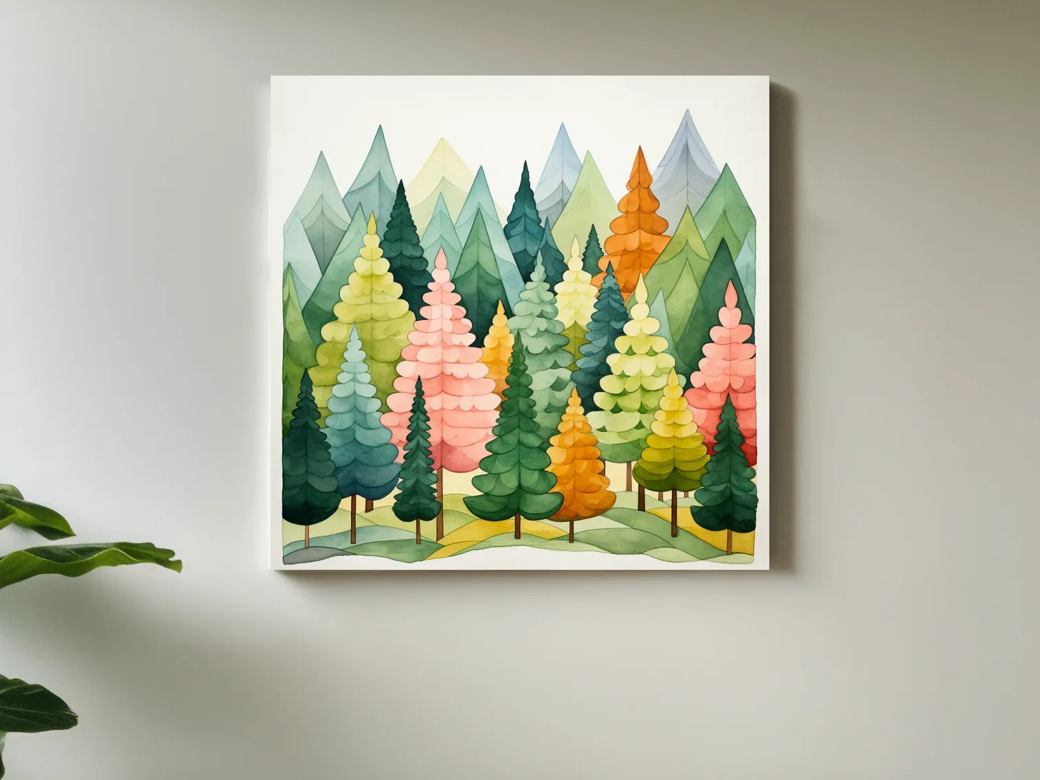 Whimsical Watercolor Pine Forest Mountains - Pastel Nursery Childrens Wall Art