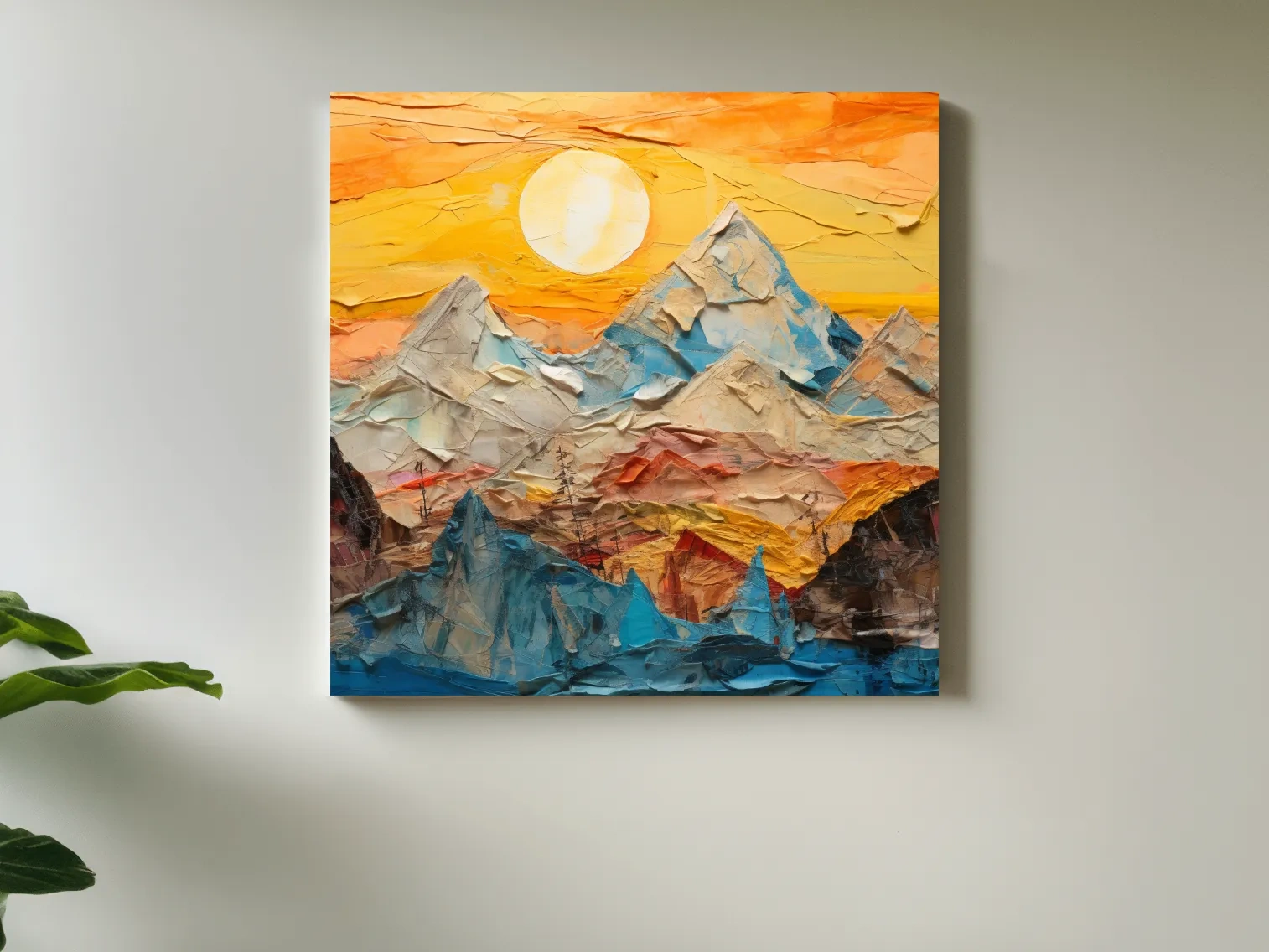 Collage Mountain Sunrise Painting - Warm Abstract Landscape Wall Art