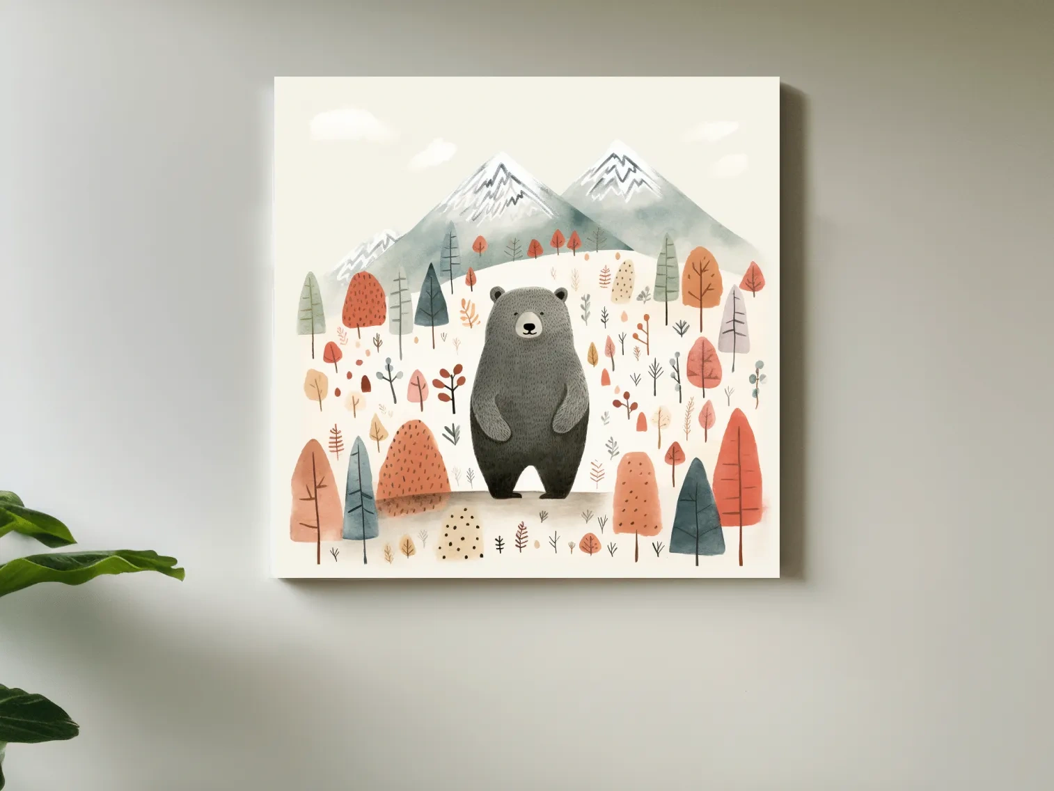 Cute Bear In Autumn Mountains - Scandinavian Nursery Woodland Animal Wall Art