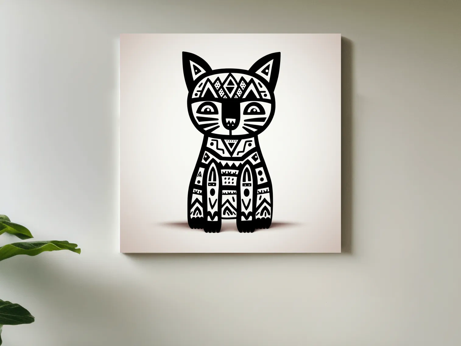 Tribal Geometric Cat Illustration - Black And White Quirky Animal Wall Art