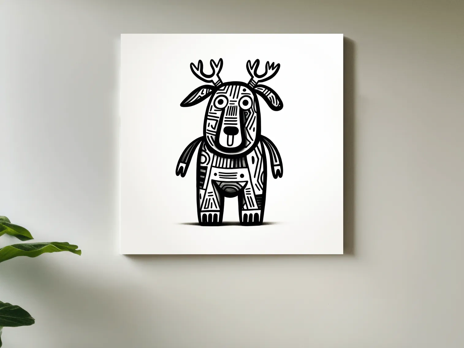 Whimsical Tribal Deer Illustration - Quirky Black And White Animal Wall Art