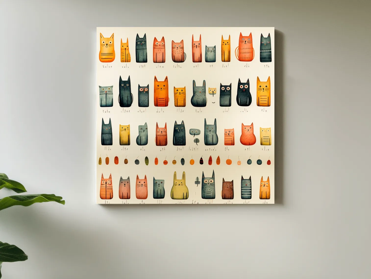 Whimsical Mid Century Cat Pattern Illustration - Colorful Nursery Wall Art