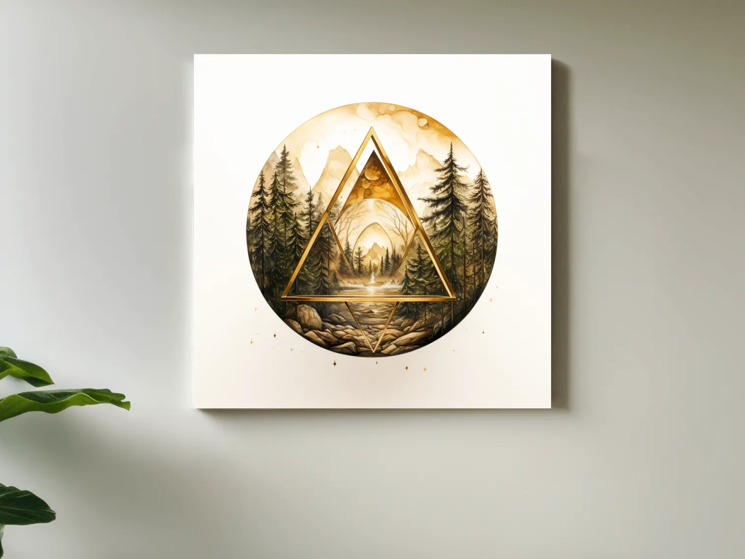 Rustic Mountain Forest Watercolor - Gold Sepia Landscape Wall Art