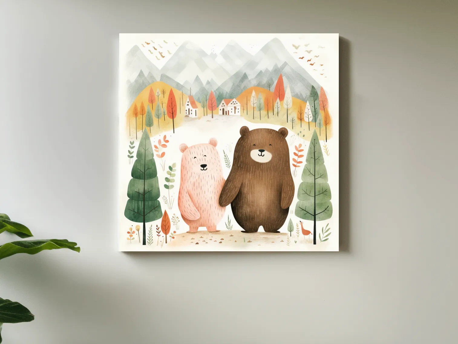 Cute storybook nursery art, bears holding hands in the mountains 