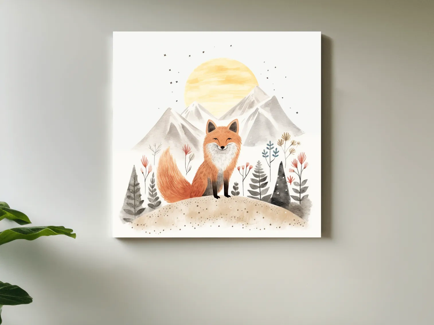 Whimsical Watercolor Fox Mountain Sunrise - Nursery Woodland Animal Wall Art