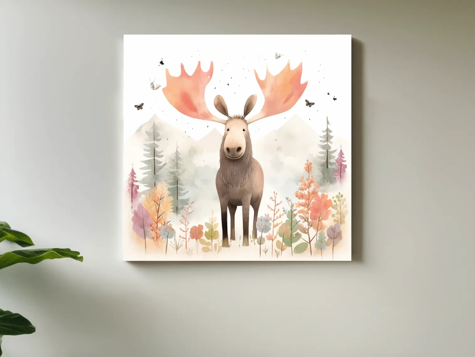 Whimsical Watercolor Moose In Pastel Forest - Storybook Nursery Animal Wall Art