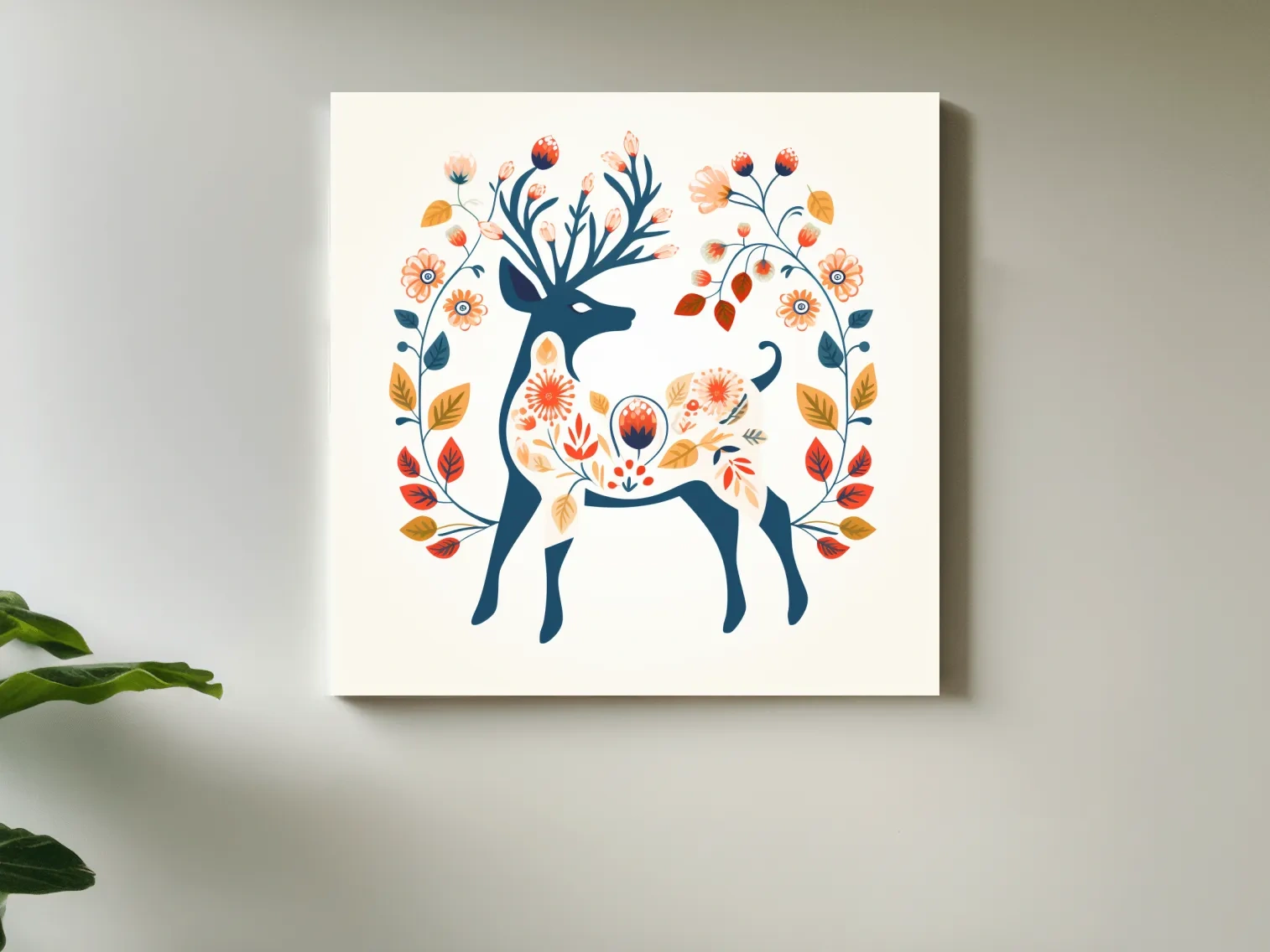 Folk Art Floral Deer Silhouette - Scandinavian Woodland Wall Art