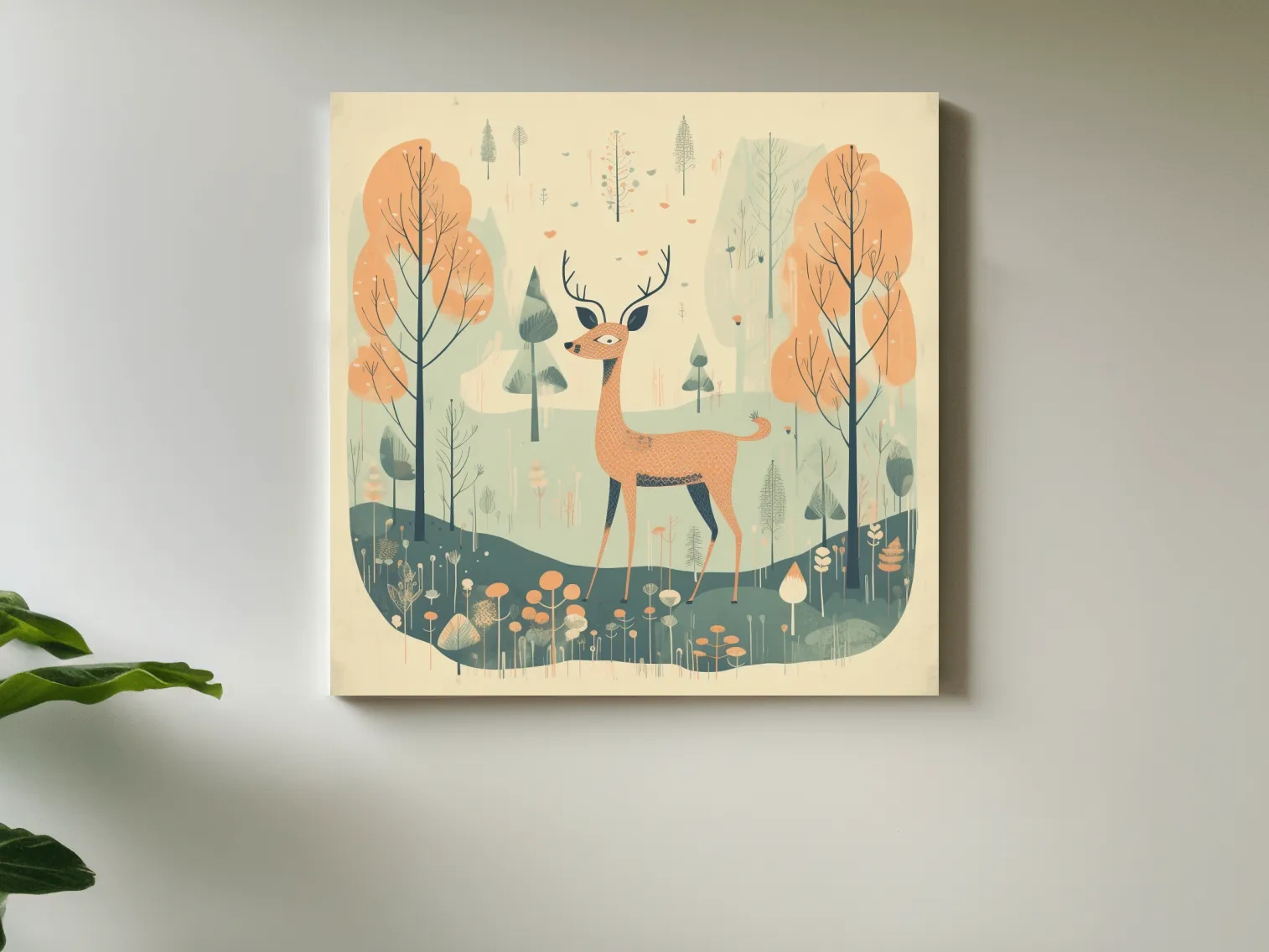 Whimsical Deer in Pastel Forest Illustration - Folk Art Woodland Nursery Wall Art
