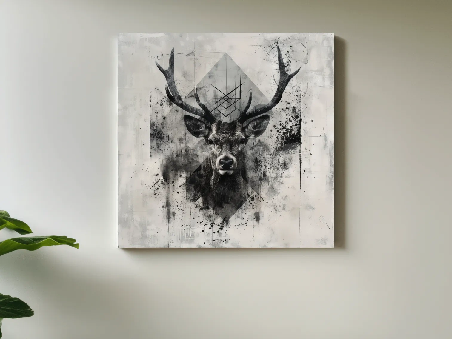 Tribal Monochrome Deer Stag Portrait - Tattoo Style Wildlife Wall Art