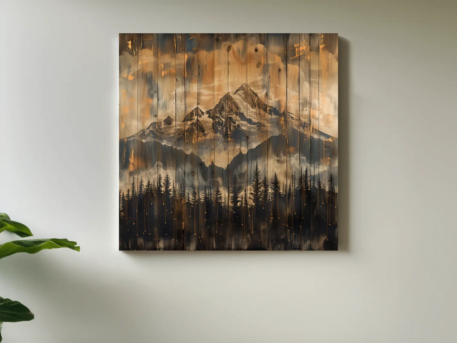 Rustic Mountain Range Over Pine Forest - Vintage Wood Panel Style Landscape Artwork