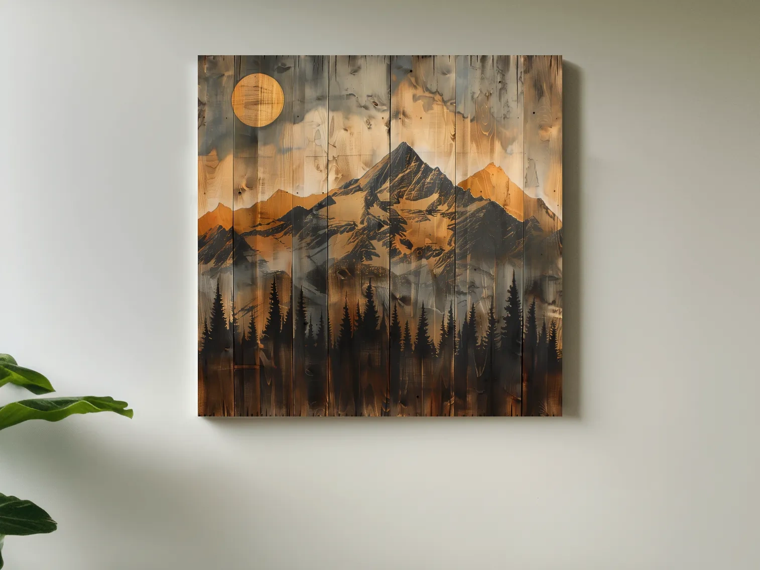 Rustic Woodgrain Mountain Sunset Artwork - Vintage Pine Forest Wall Art