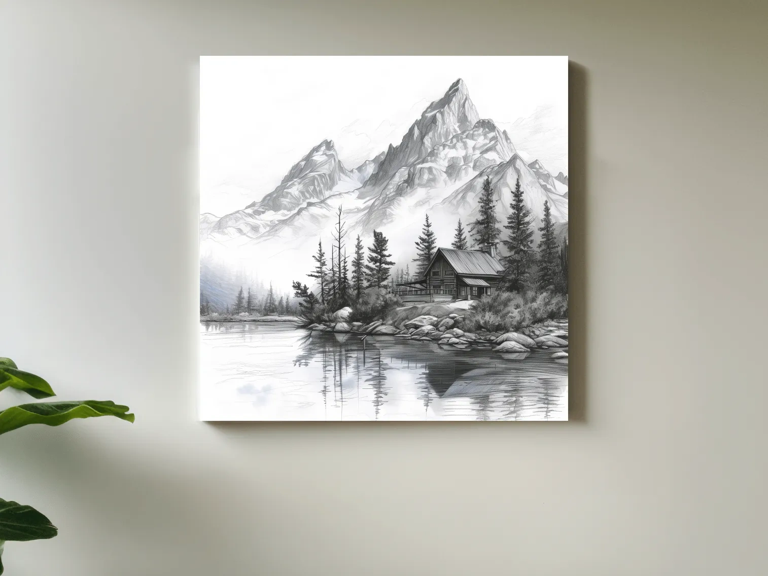 Monochrome Mountain Lake Cabin Sketch - Rustic Alpine Glacier Wall Art