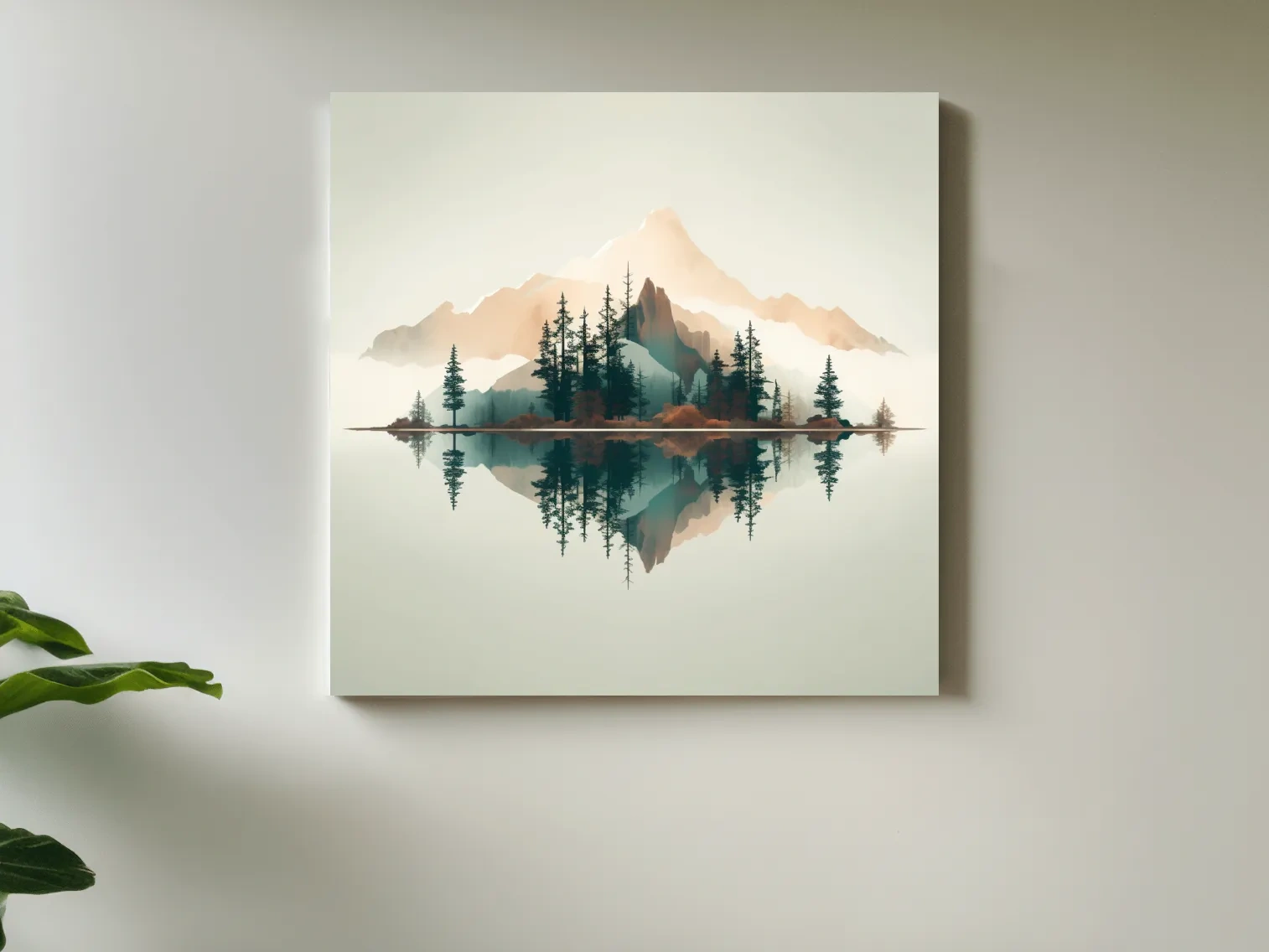 Minimalist Watercolor Mountain Lake Reflection - Serene Pine Forest Landscape Wall Art
