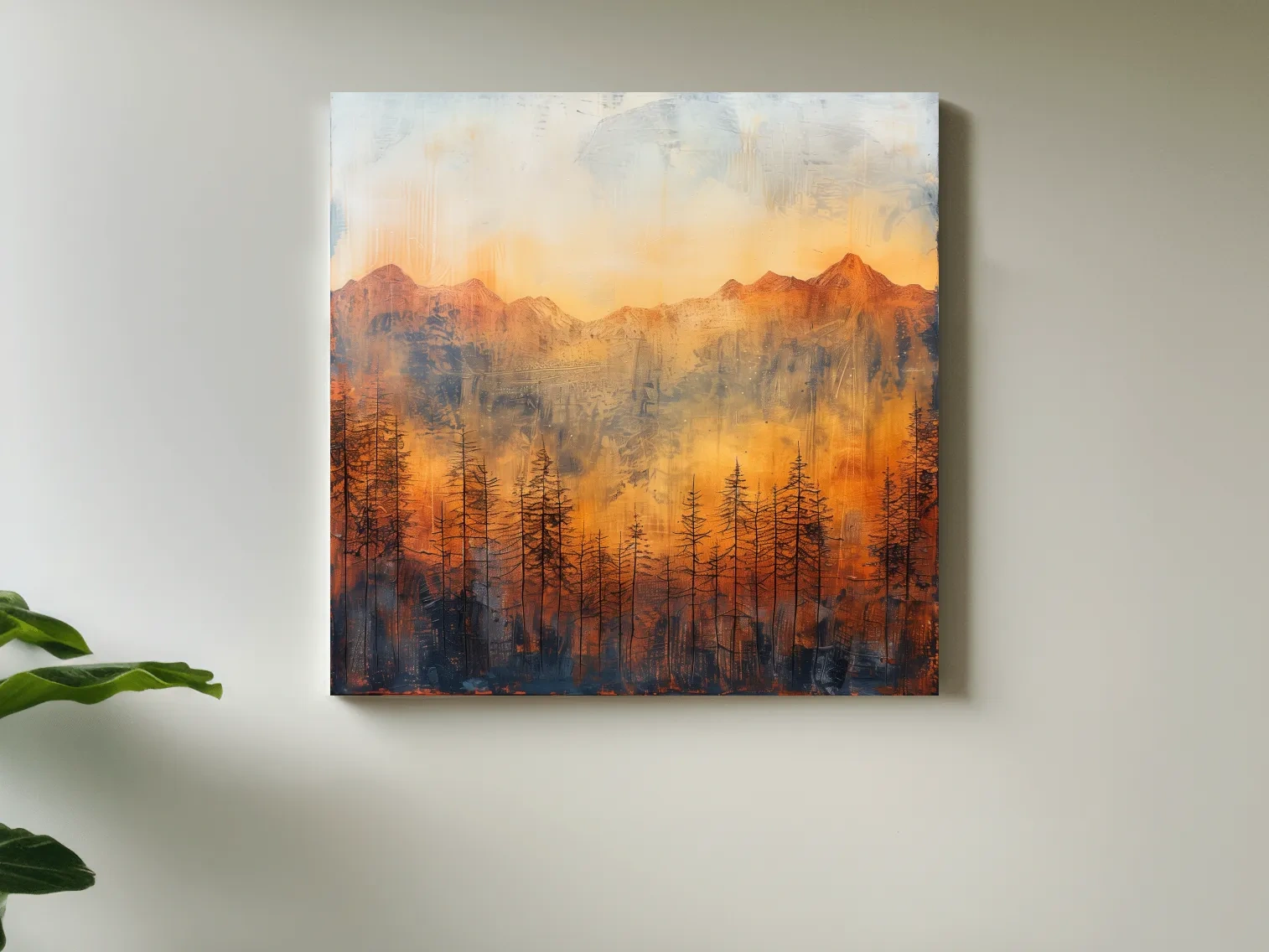 Moody Abstract Mountain Sunrise With Silhouetted Pine Forest - Textured Landscape Painting