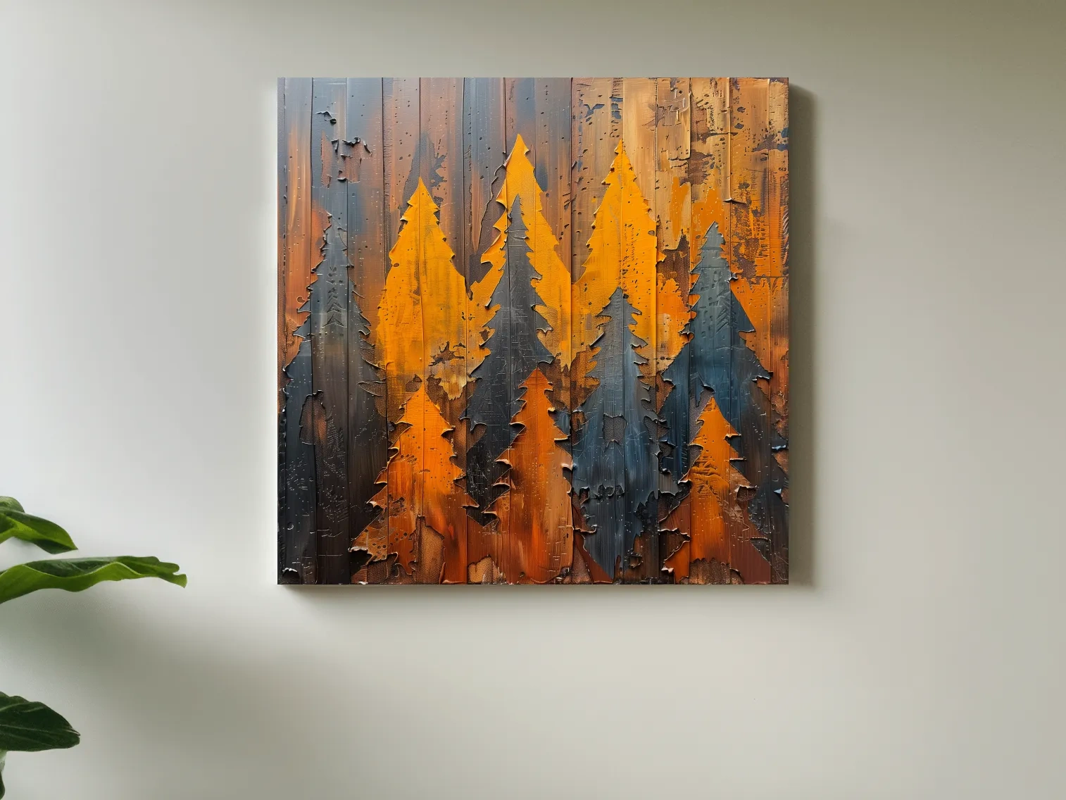 Autumn Pine Forest Silhouettes - Rustic Painted Wood Wall Art