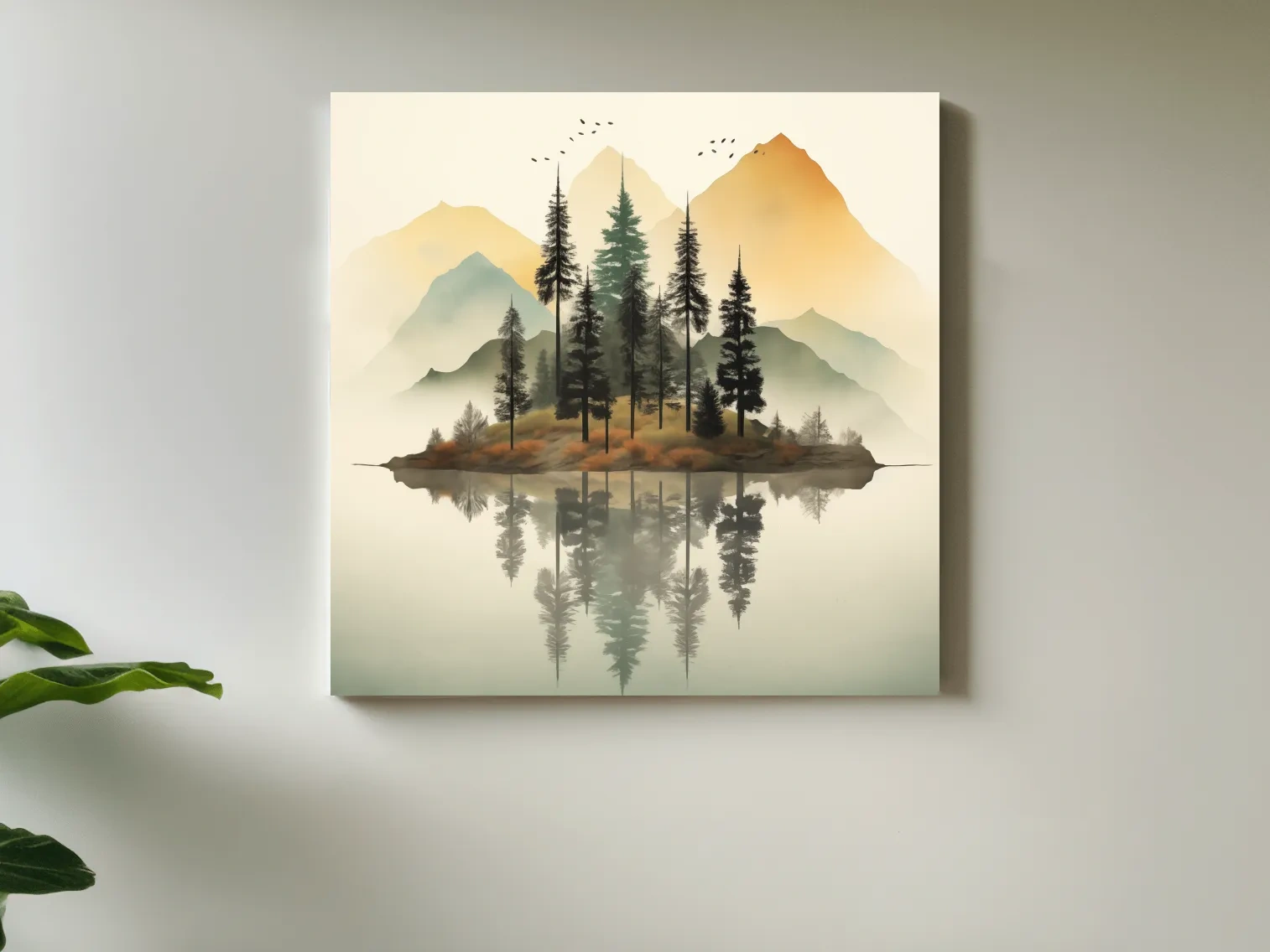 Misty Pine Forest Island Reflection - Minimalist Mountain Lake Wall Art