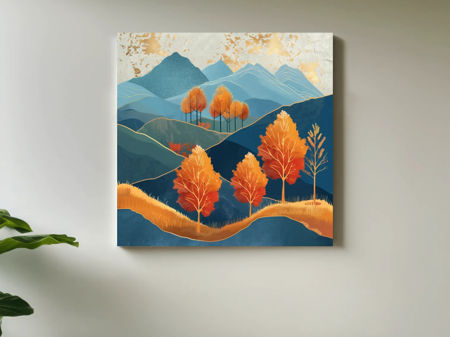 Autumn Aspen Trees In Layered Blue Mountains - Modern Gold Leaf Style Wall Art
