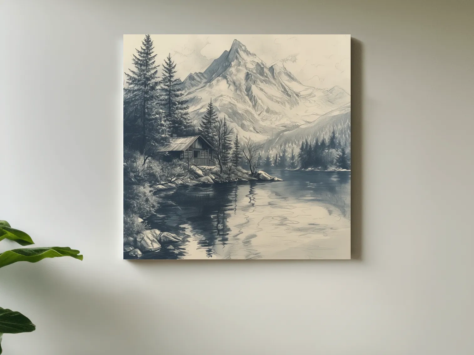 Vintage Alpine Cabin By Mountain Lake - Monochrome Pencil Sketch Landscape Wall Art