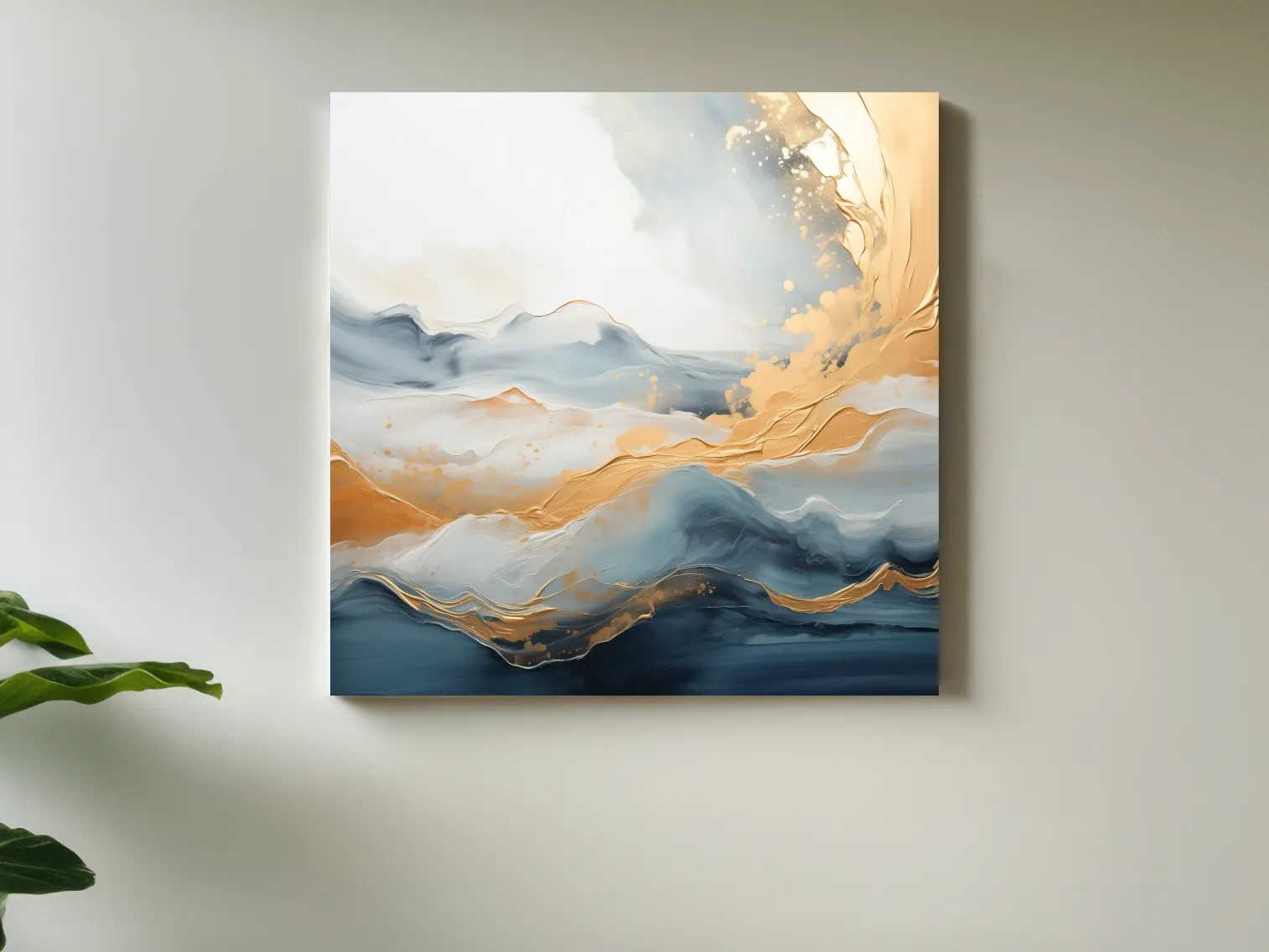 Fluid Abstract Blue And Gold Mountain Landscape - Modern Mixed Media Wall Art