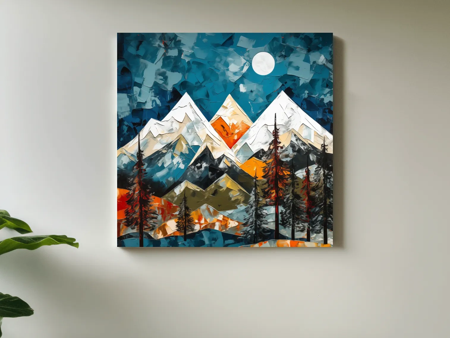 Abstract Impasto Style Mountain Nightscape - Moonlit Alpine Landscape Wall Art