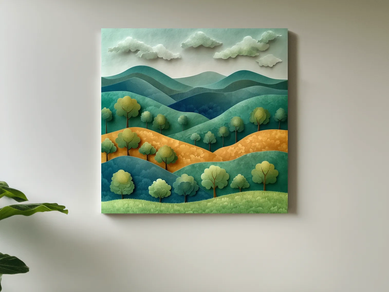 Whimsical Paper Cut Forest Hillscape - Layered 3D Mountains Landscape Wall Art
