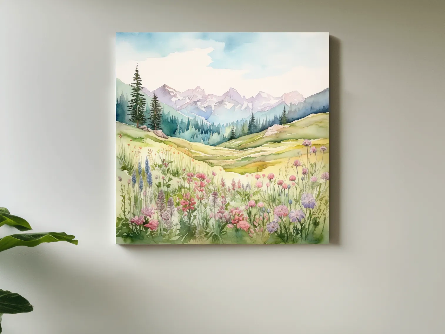 Alpine Meadows Wildflower Watercolour - Pastel Mountains Landscape Wall Art