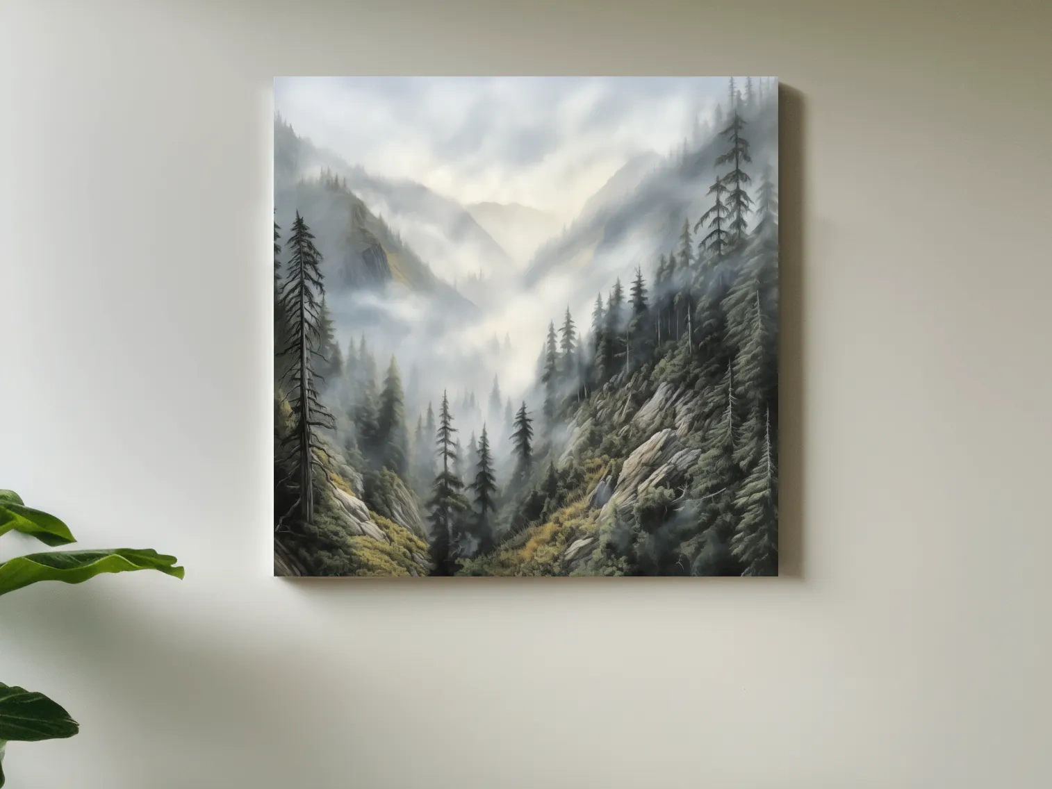 Misty Mountain Valley Pine Forest Painting - Foggy Alpine Landscape Wall Art