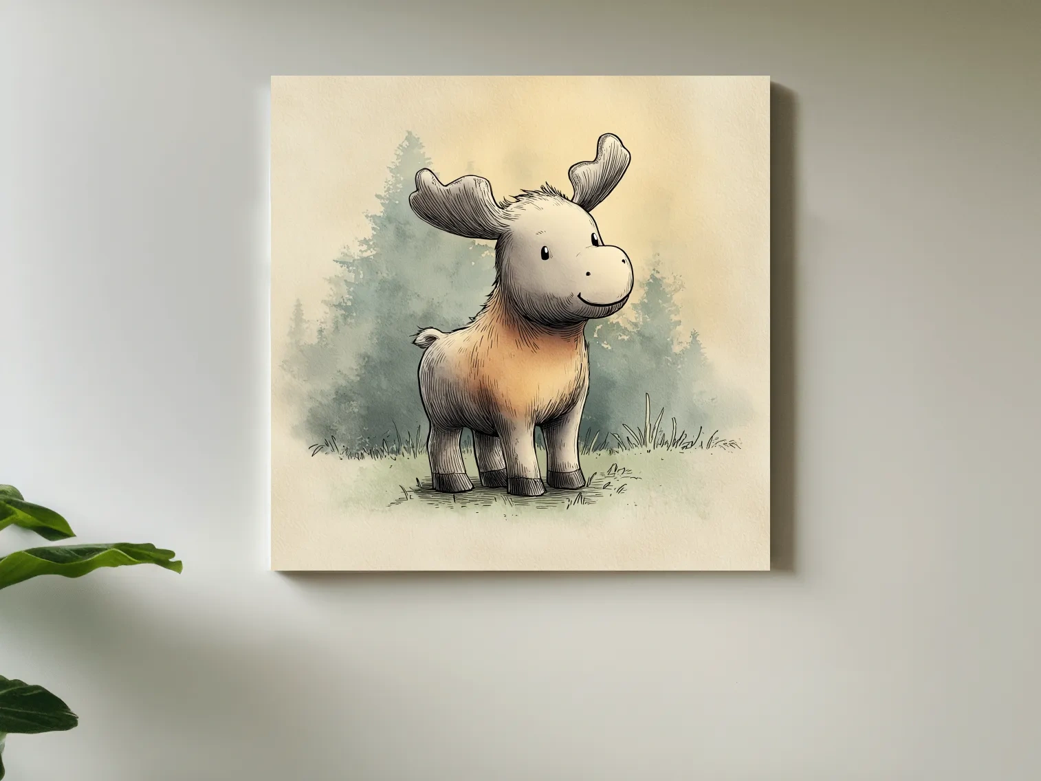 Cute Baby Moose Watercolor Illustration - Woodland Nursery Animal Wall Art