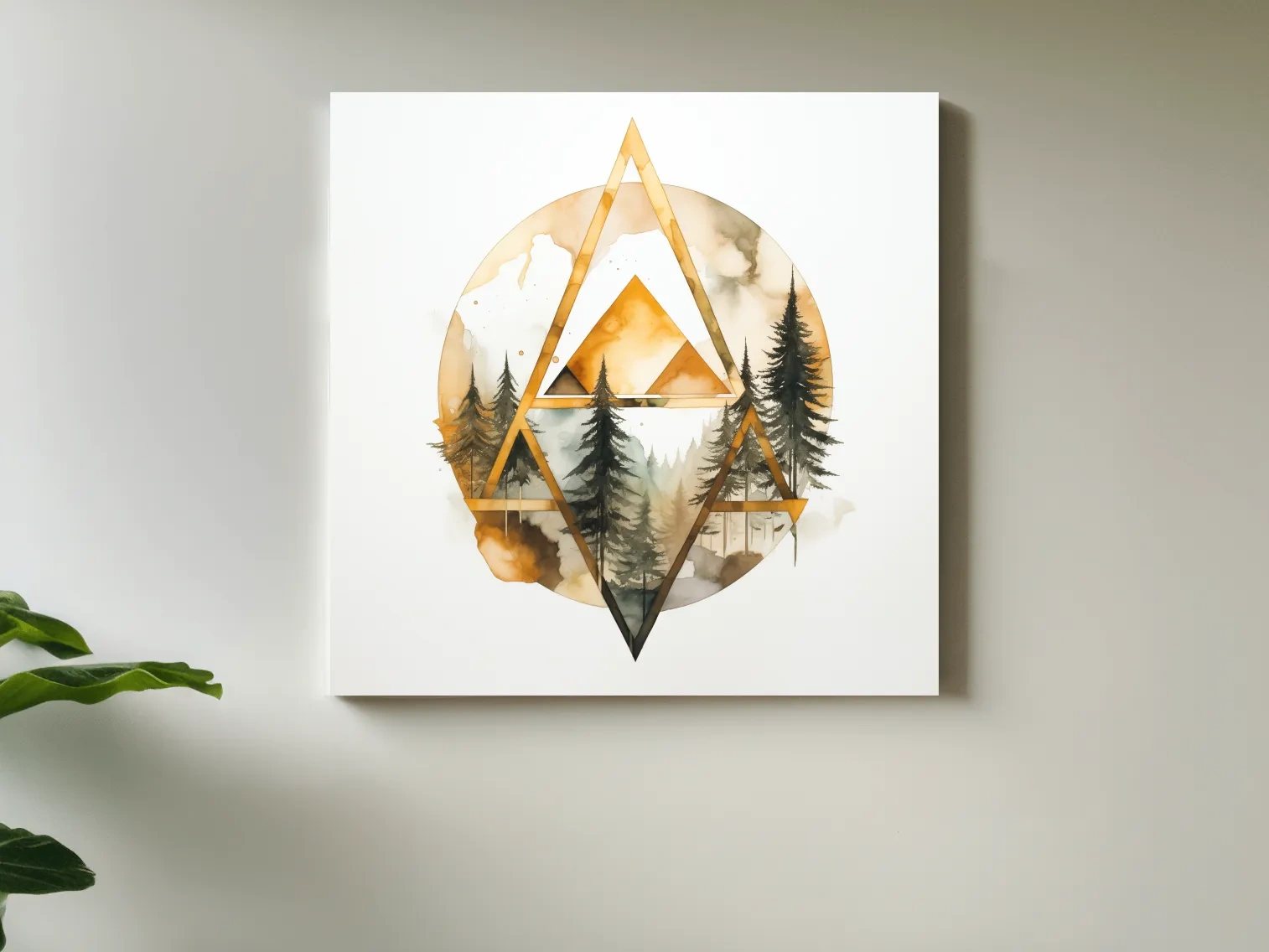 Rustic Elegant Watercolor Mountain Pine Forest - Abstract Golden Geometric Nature Wall Art