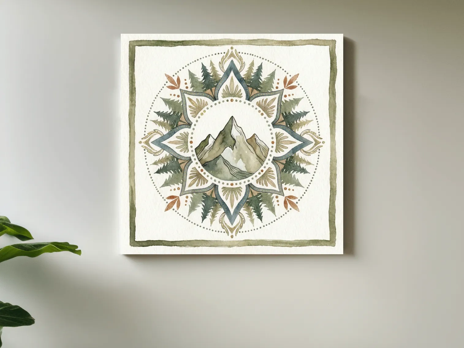 Mountain Mandala Watercolor - Boho Botanical Nature Wall Art
