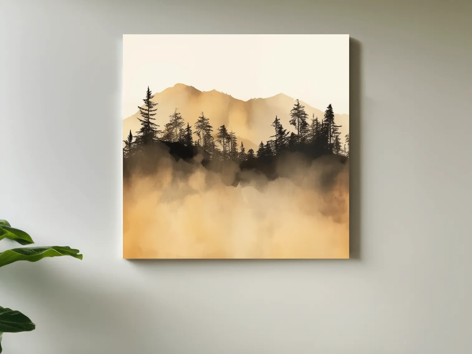 Misty Golden Mountain Pine Forest - Sepia Watercolor Landscape Wall Art