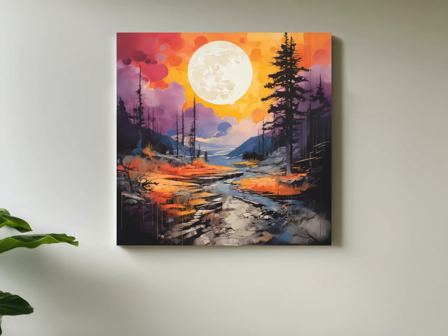 Vibrant River Valley Landscape Illustration - Abstract Sunset Forest Wall Art